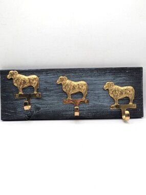 Hand Crafted Hat Key Coat Rack 3 Brass Sheep Ram Aries Hooks Wall Mount 15"